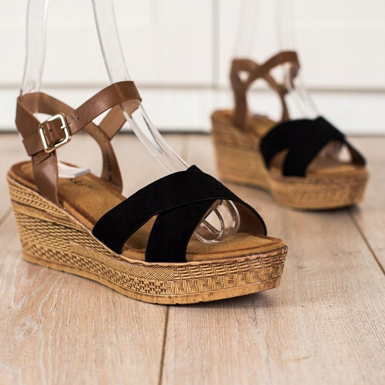 S. BARSKI Sandały Na Koturnie S.BARSKI brązowe czarne 1