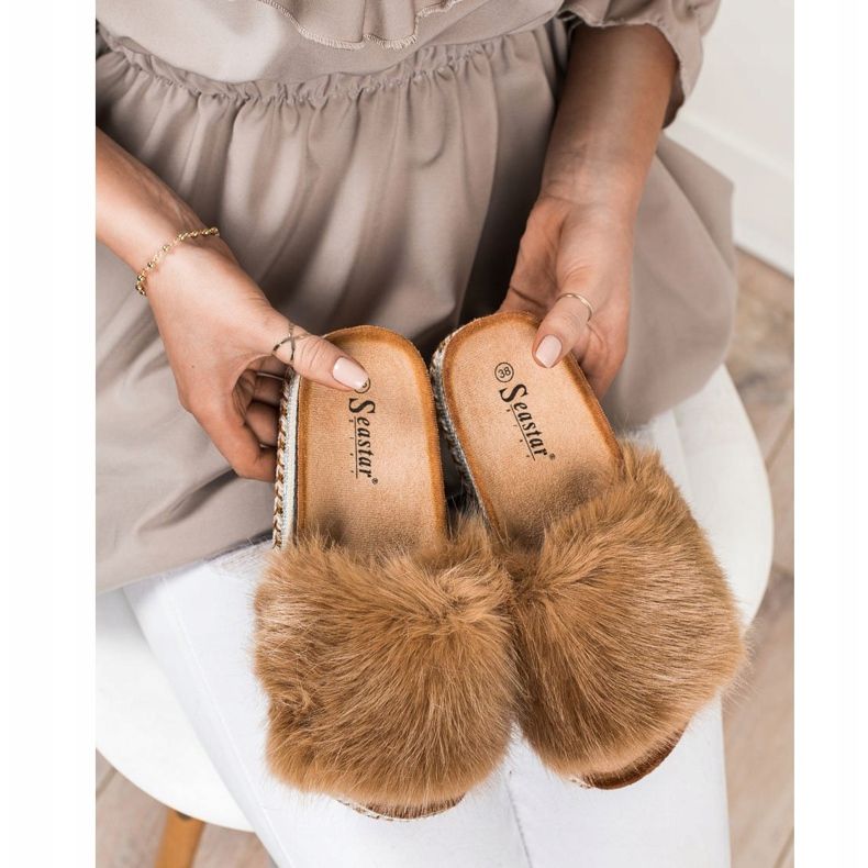 Seastar Modne Klapki Na Ozdobnej Platformie brązowe 2