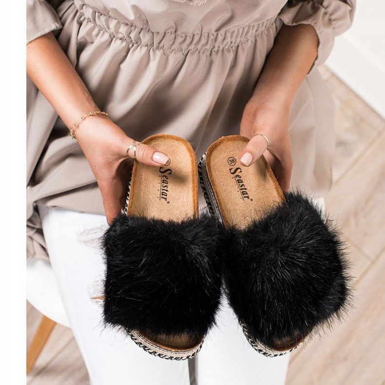 Seastar Modne Klapki Na Ozdobnej Platformie czarne 2