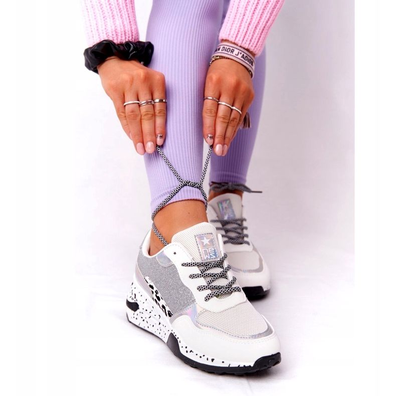 NEWS Damskie Sneakersy Na Koturnie Białe Z Brokatem Avery 21SP26-3974 czarne srebrny 2