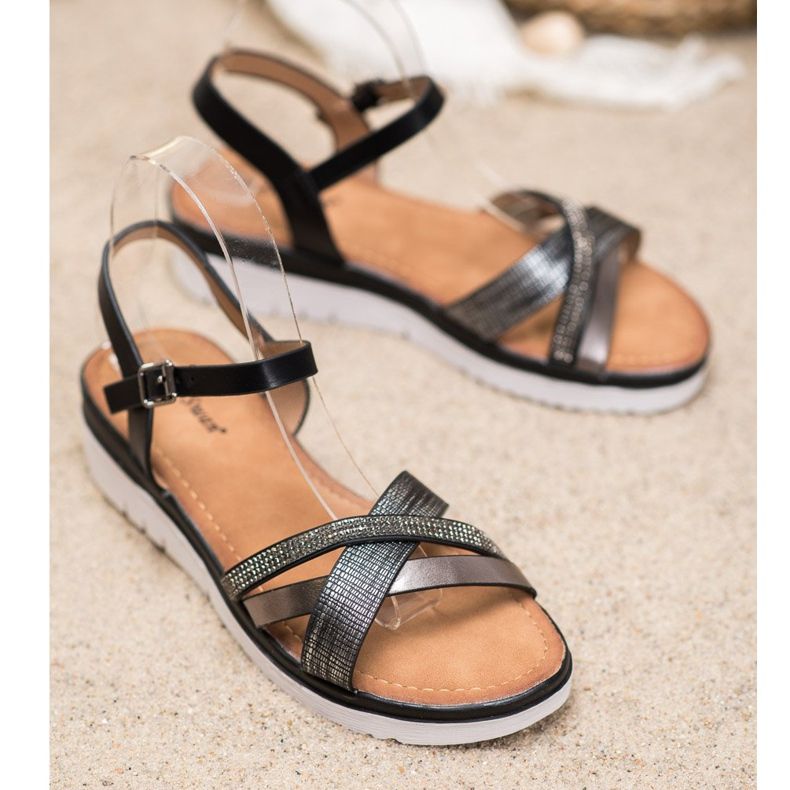 Small Swan Wygodne Sandały Z Cyrkoniami czarne 1