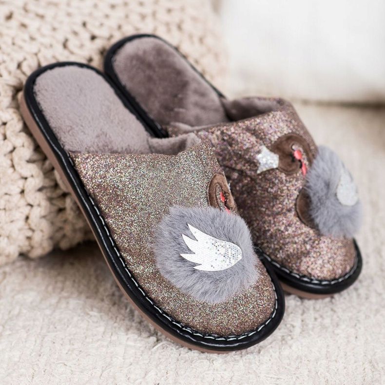 Bona Stylowe Kapcie Z Aplikacją beżowy brązowe 1