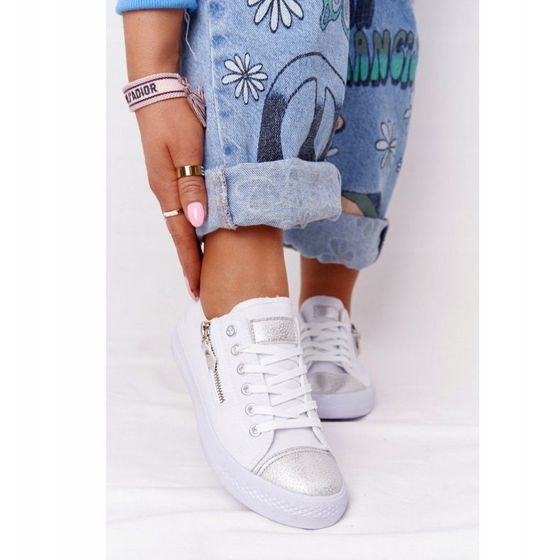 Damskie Trampki Z Suwakiem Biało-Srebrne Festival białe srebrny 2