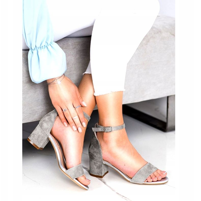 Sergio Leone Sandały na niskim słupku eko zamszowe SK839 srebrne srebrny 2