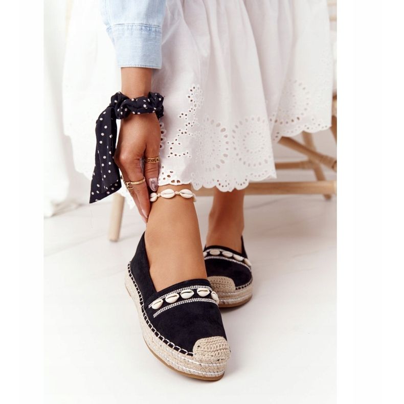 PG1 Espadryle Na Platformie Z Muszelkami Czarne Seashell 2