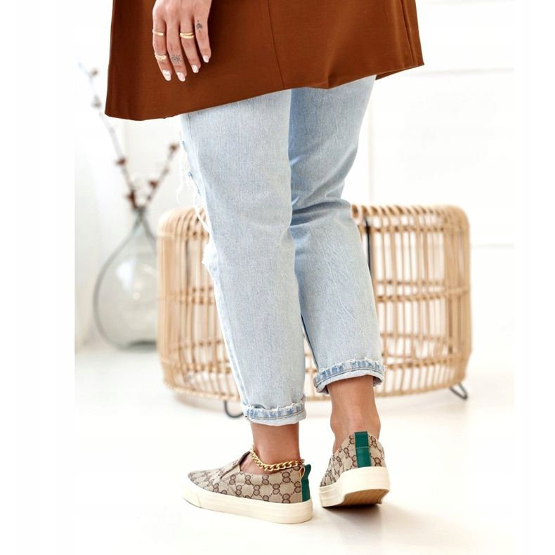 Damskie Logowane Tenisówki Slip-On Khaki Challenge beżowy brązowe 2