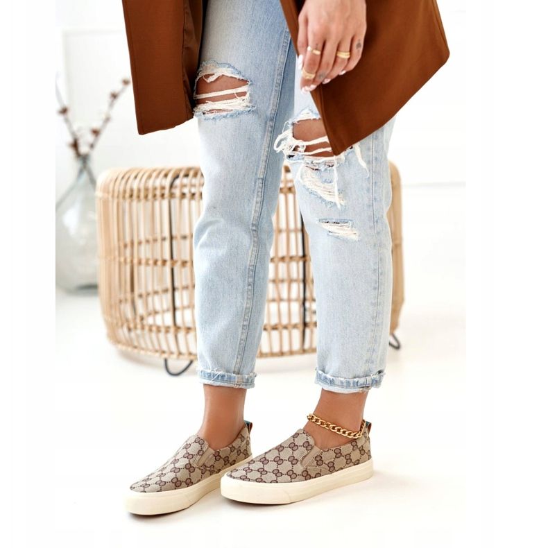 Damskie Logowane Tenisówki Slip-On Khaki Challenge beżowy brązowe 1