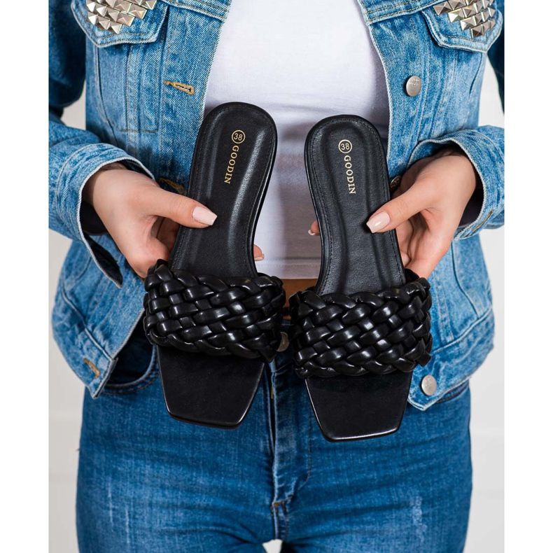 Goodin Plecione Klapki Z Eko Skóry czarne 2