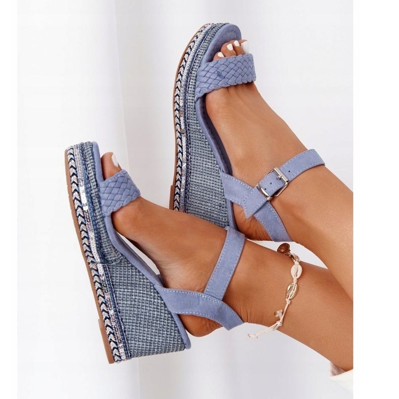 PG1 Sandały Na Koturnie Z Cekinami Niebieskie Scilla 1