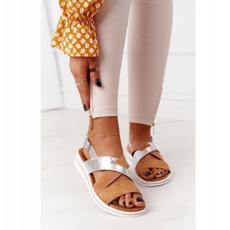 Zamszowe Sandały Sergio Leone SK039 Beżowo-Srebrne beżowy srebrny 2