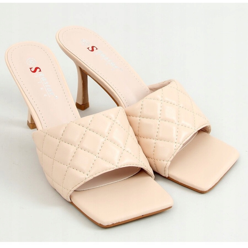 Klapki na szpilce pikowane beżowe T367P Beige beżowy 1