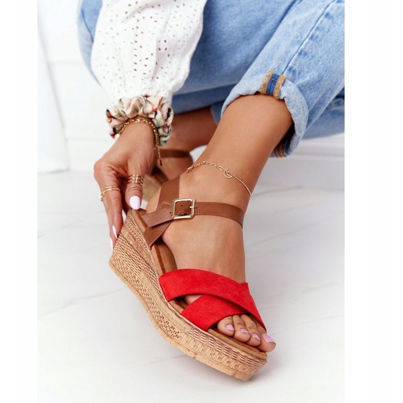 Sandały Na Koturnie S.Barski GD-38 Czerwone brązowe 1