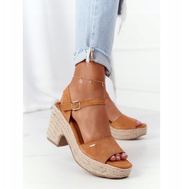 Sandały Na Słupku Z Plecionką Big Star HH274394 Camel brązowe 1