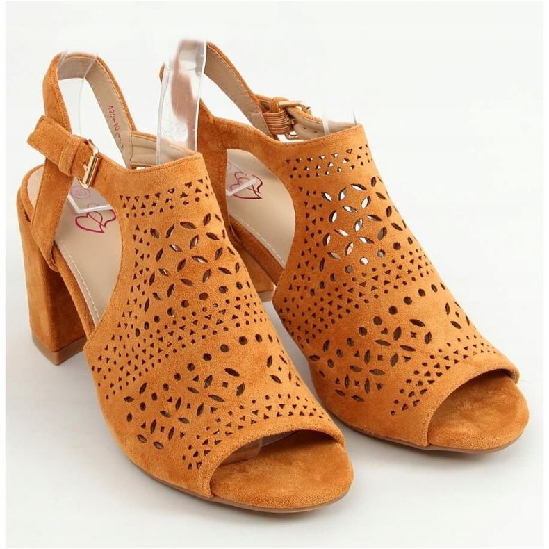 Sandałki ażurowe na obcasie camel 429-10 Camel brązowe 1