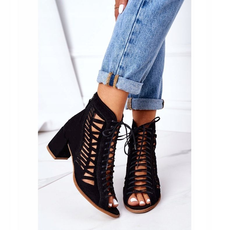 Zamszowe Ażurowe Botki Maciejka Rude 04040-01 Czarne 1