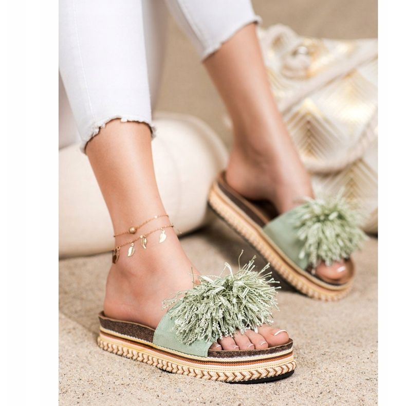 SHELOVET Modne Klapki Z Frędzlami zielone 1