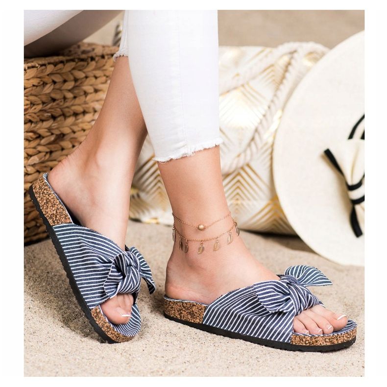 Bona Klapki Z Kokardą W Paski białe niebieskie 2