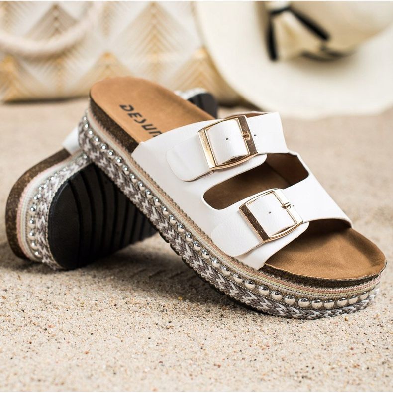 SHELOVET Klapki Z Ozdobną Platformą białe 1