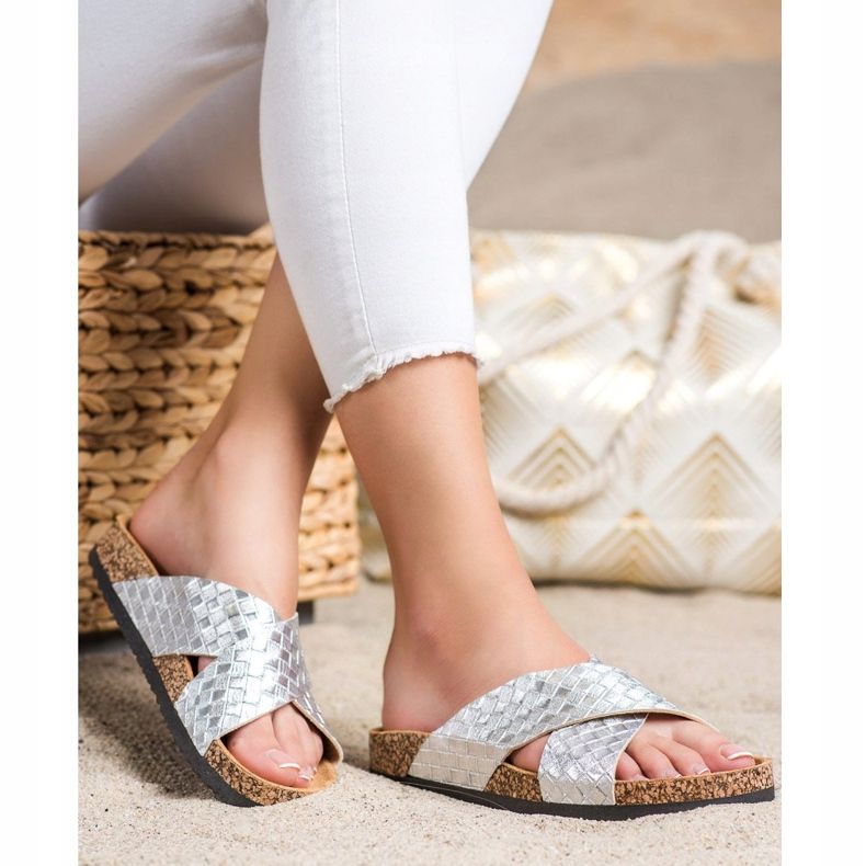 Bona Wygodne Klapki Z Eko Skóry srebrny 2