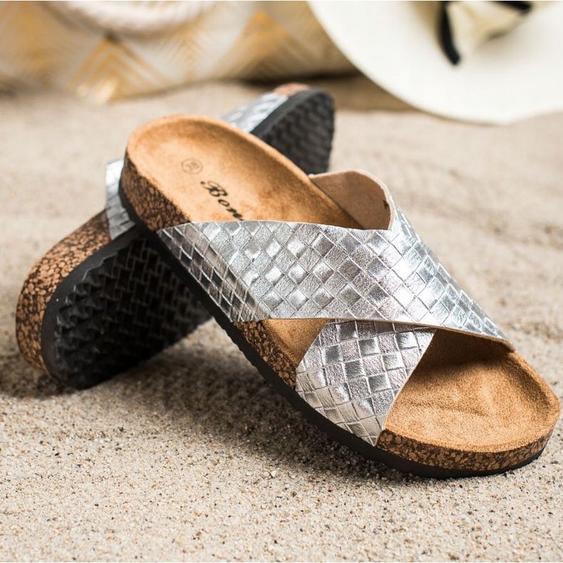 Bona Wygodne Klapki Z Eko Skóry srebrny 1