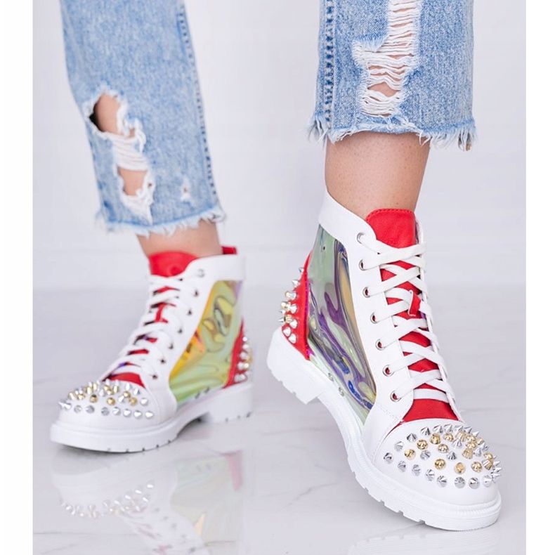 Biało czerwone transparentne botki z ćwiekami Lea białe 1