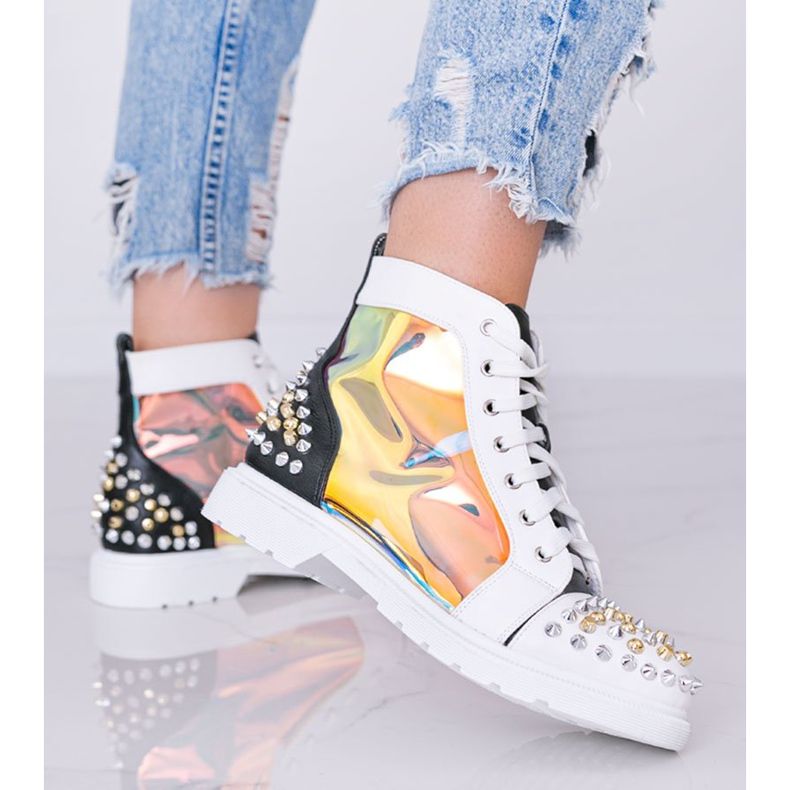 Biało czarne transparentne botki z ćwiekami Lea białe 1