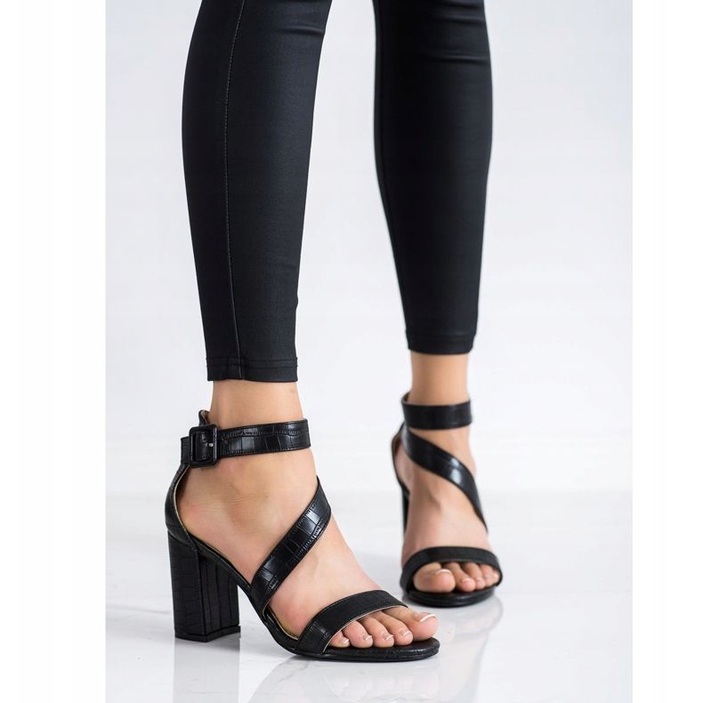 Renda Sandałki Na Słupku Z Eko Skóry czarne 2