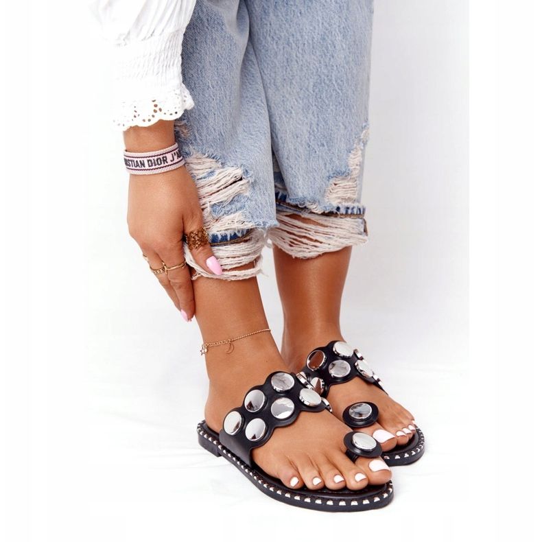 PS1 Klapki Eko-Skóra Z Dżetami SK78P Czarne Ava srebrny 4