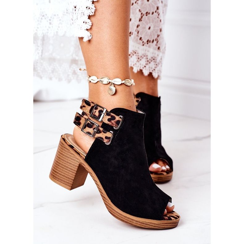 Zamszowe Sandały Na Słupku Lu Boo Czarne Leopard brązowe 2