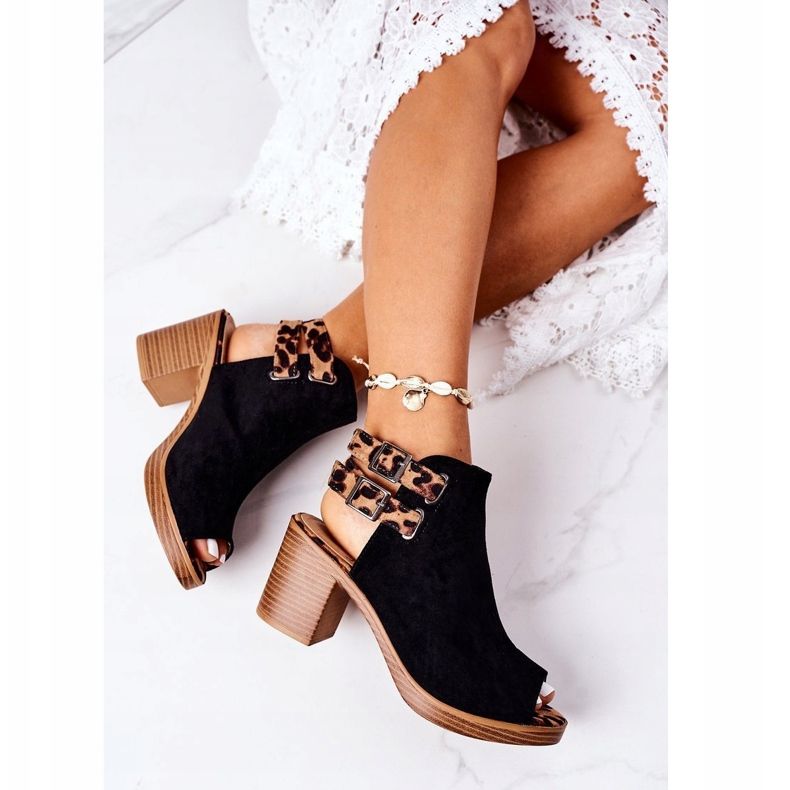 Zamszowe Sandały Na Słupku Lu Boo Czarne Leopard brązowe 1