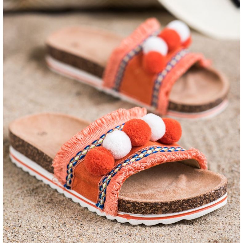 SHELOVET Modne klapki z pomponami pomarańczowe 1