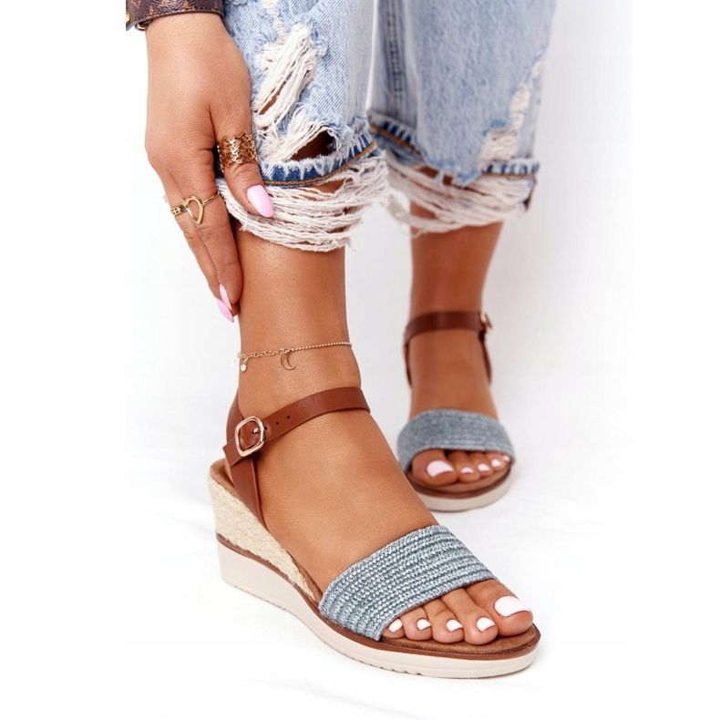 EVE Sandały Na Koturnie Z Plecionką Niebieskie Tenerife brązowe 2