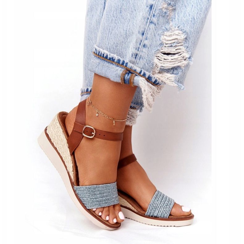 EVE Sandały Na Koturnie Z Plecionką Niebieskie Tenerife brązowe 4