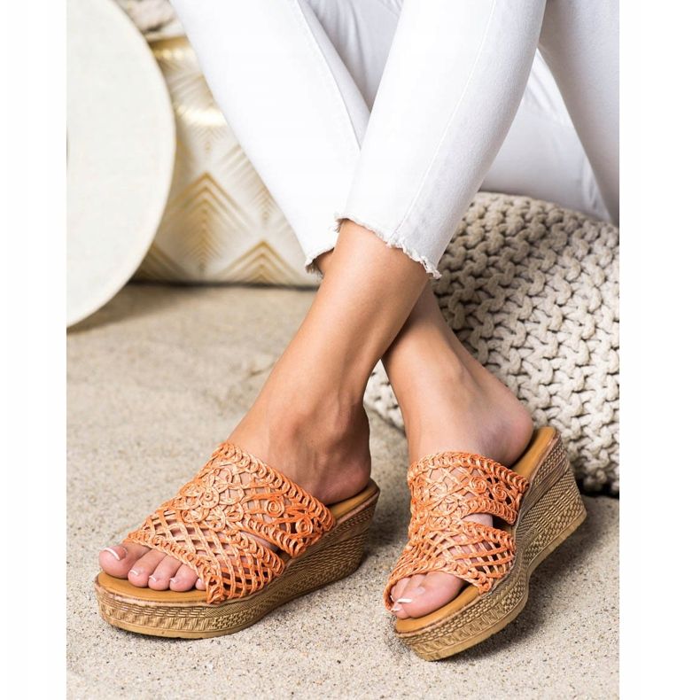 Laura Mode Ażurowe Klapki Na Koturnie pomarańczowe 2