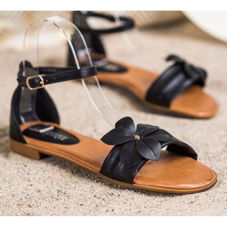 Diamantique Czarne Sandały Z Kwiatkiem 1