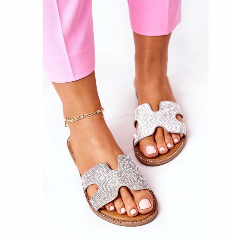 PE1 Skórzane Klapki Z Cyrkoniami Srebrne Modena srebrny 1