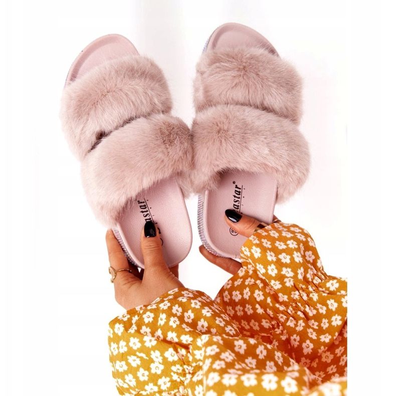 PS1 Klapki Na Platformie Z Futerkiem I Cyrkoniami Beżowe Wow! beżowy 5