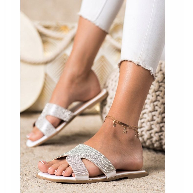 SHELOVET Klapki Z Kryształkami białe 2