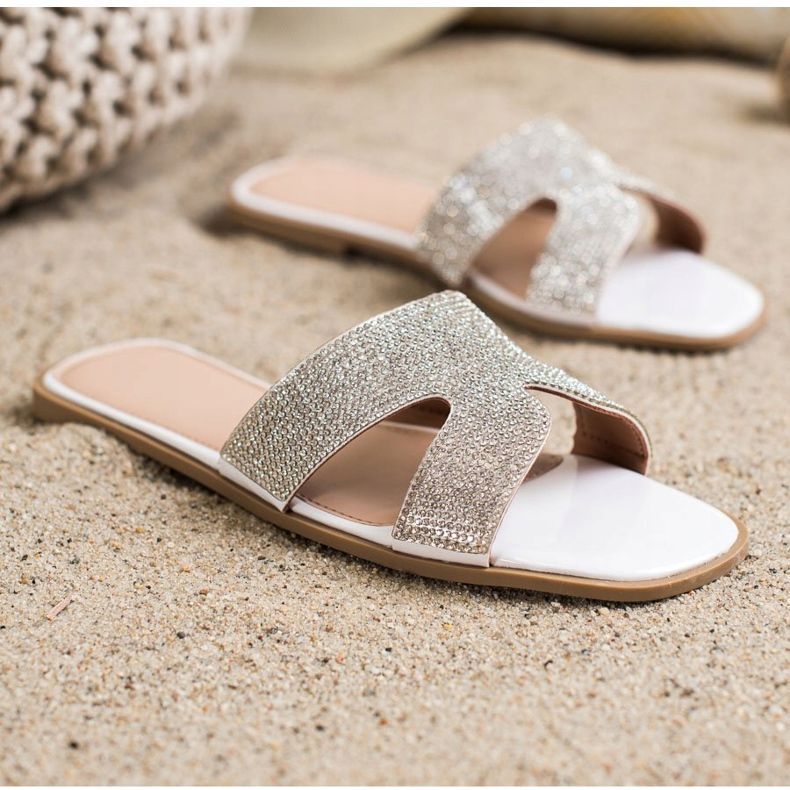 SHELOVET Klapki Z Kryształkami białe 1