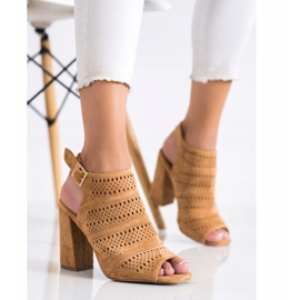 Renda Ażurowe Sandałki Na Słupku brązowe 2