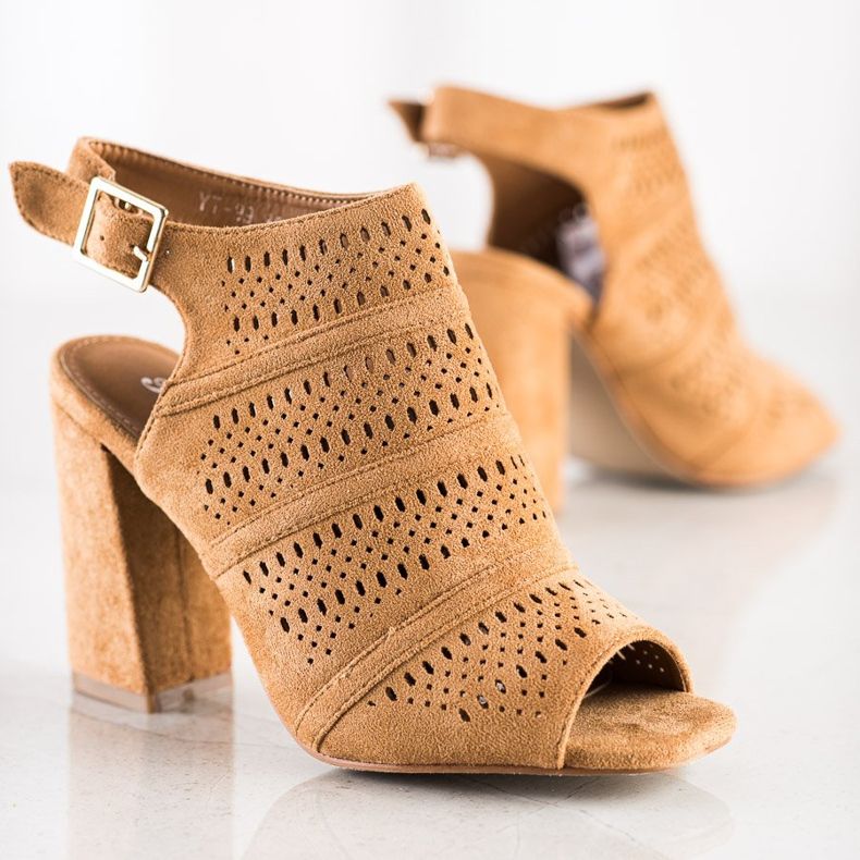 Renda Ażurowe Sandałki Na Słupku brązowe 1