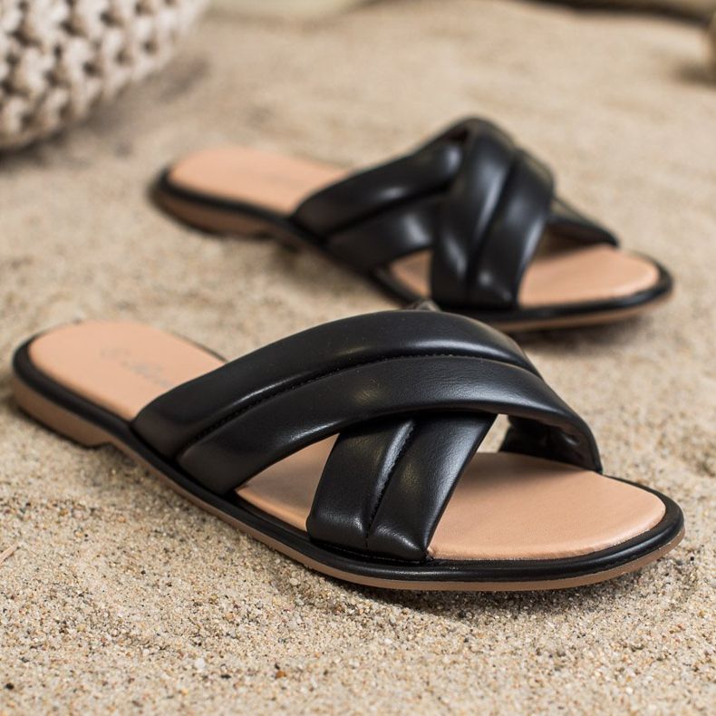 Renda Modne Klapki Z Eko Skóry czarne 2