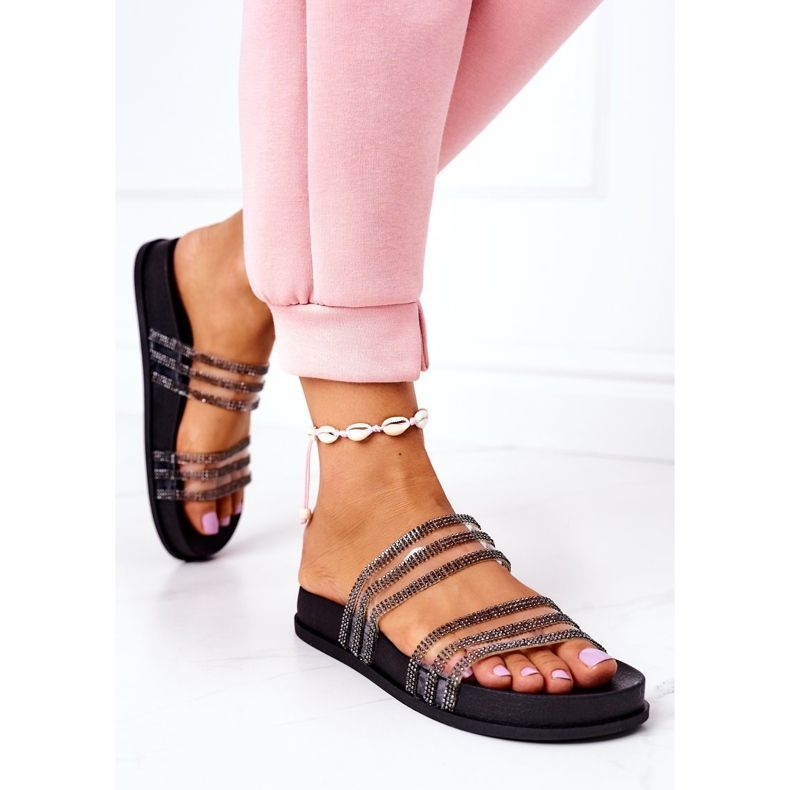 PS1 Gumowe Klapki Z Cyrkoniami Czarne Miss You 2