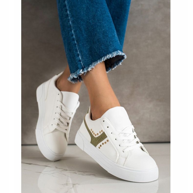 SHELOVET Wiązane Buty Z Zieloną Wstawką białe 1