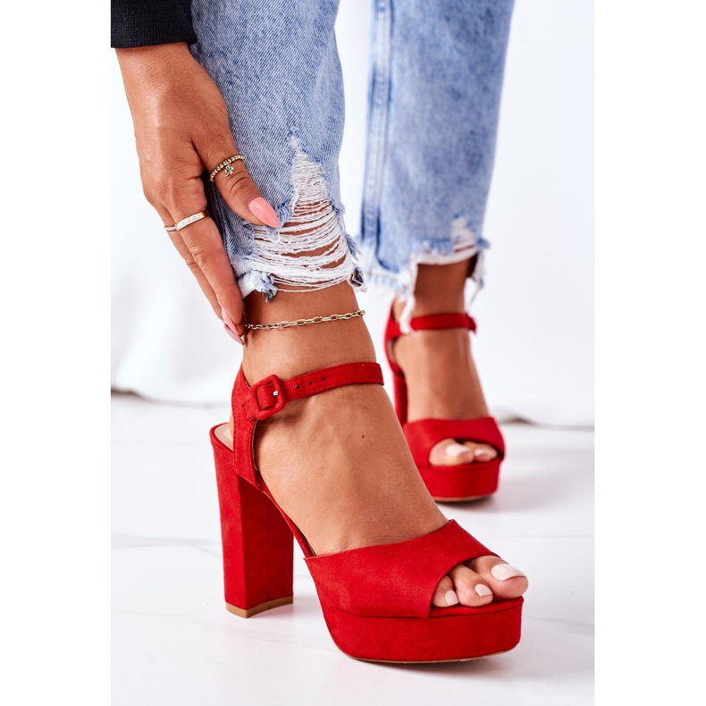 PW1 Zamszowe Sandały Na Słupku Czerwone Camilia 2