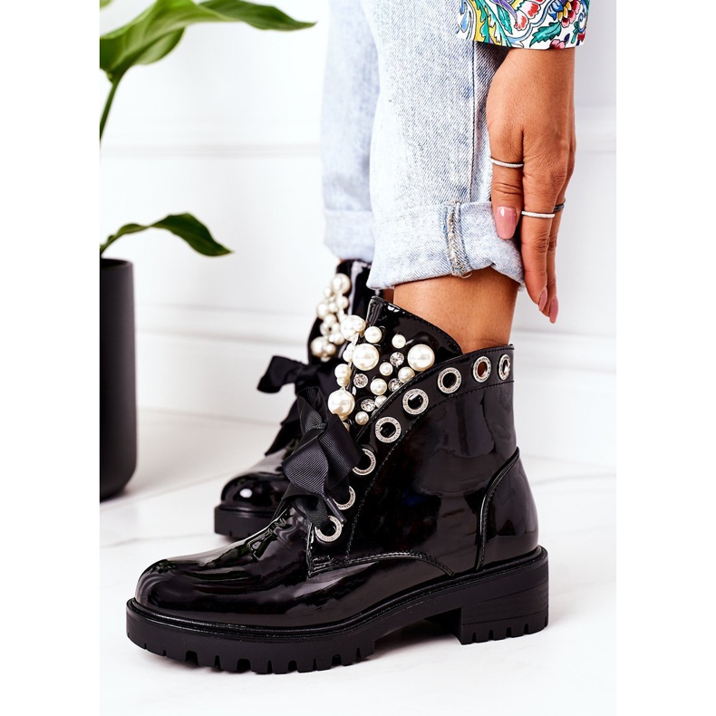 Lakierowane Ocieplane Workery Z Perełkami Czarne Perla 2