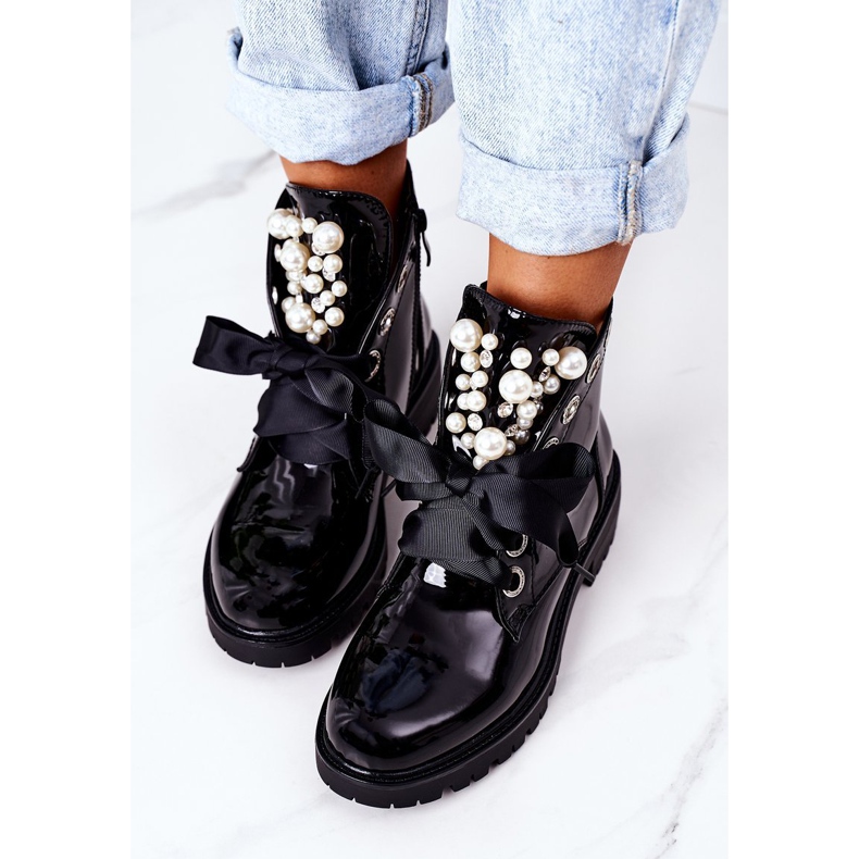 Lakierowane Ocieplane Workery Z Perełkami Czarne Perla 1