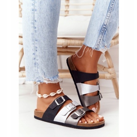 Skórzane Profilowane Klapki Big Star HH274588 Czarno-Srebrne czarne srebrny 4