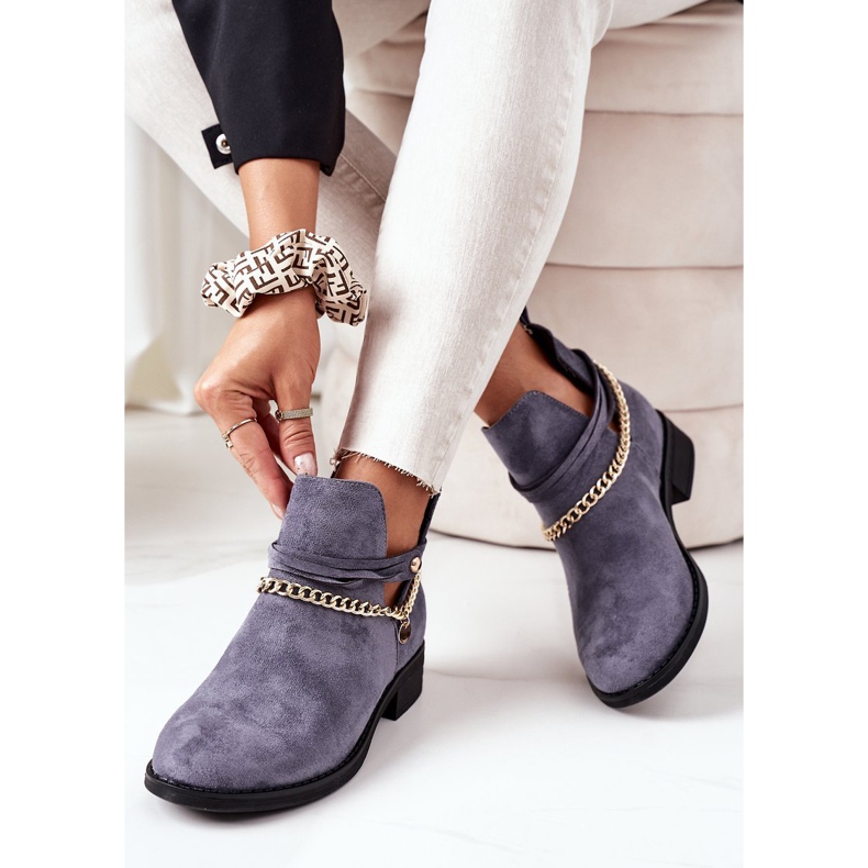 PS1 Zamszowe Botki Z Łańcuszkiem Niebieskie Elvira 2