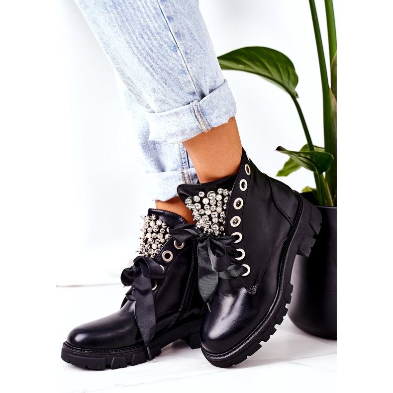 PS1 Ocieplane Workery Z Metalowymi Perełkami Czarne Perla 3